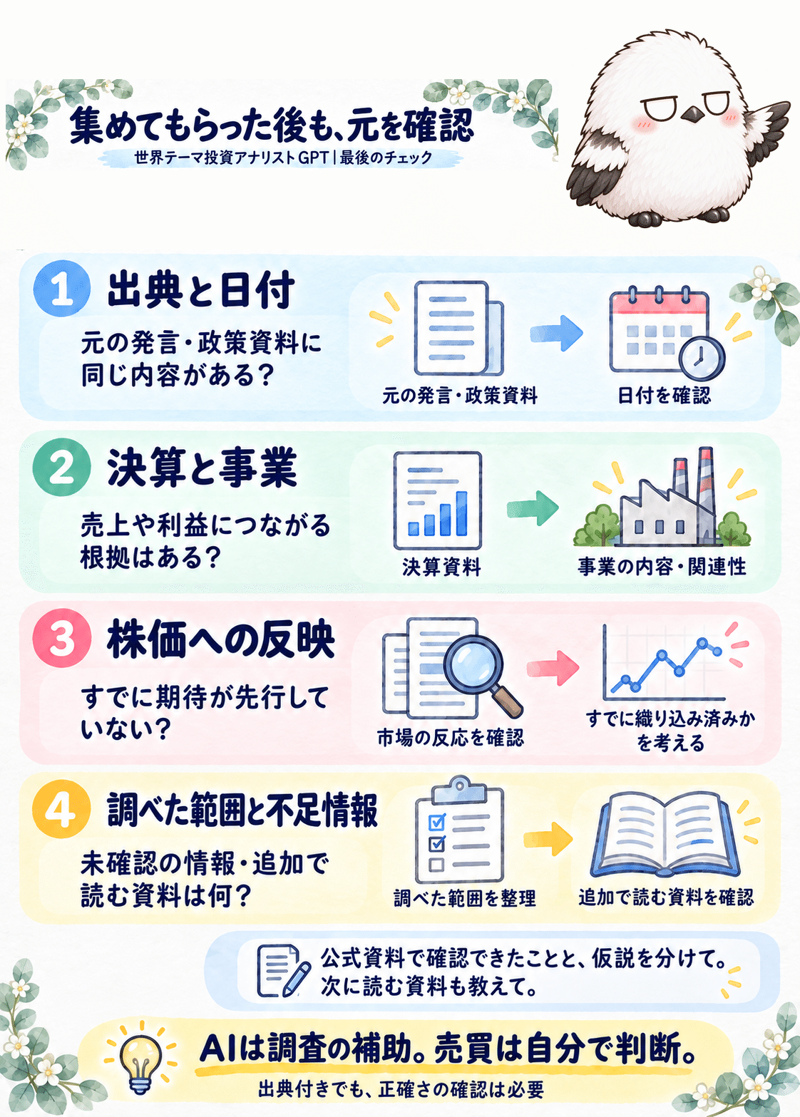 出典と日付・決算と事業・株価への反映・不足情報を確認するチェック図