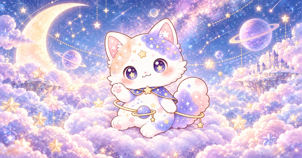 星や惑星が広がる空に浮かぶ星空猫るみにゃ