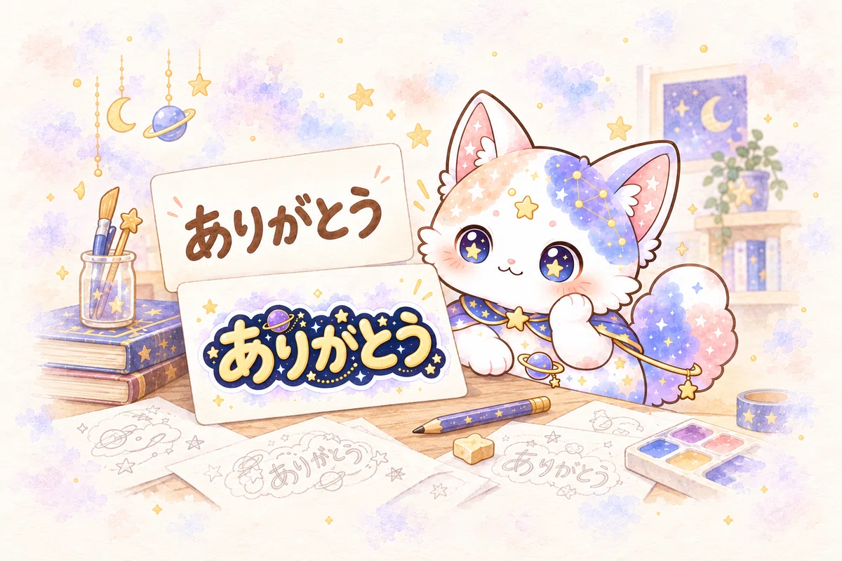 シンプルな文字と天体装飾の文字を見比べるるみにゃのイラスト