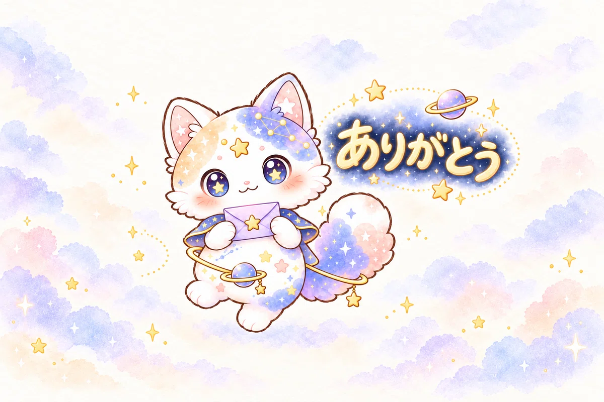 星の封筒を持つるみにゃと天体装飾の「ありがとう」のイラスト