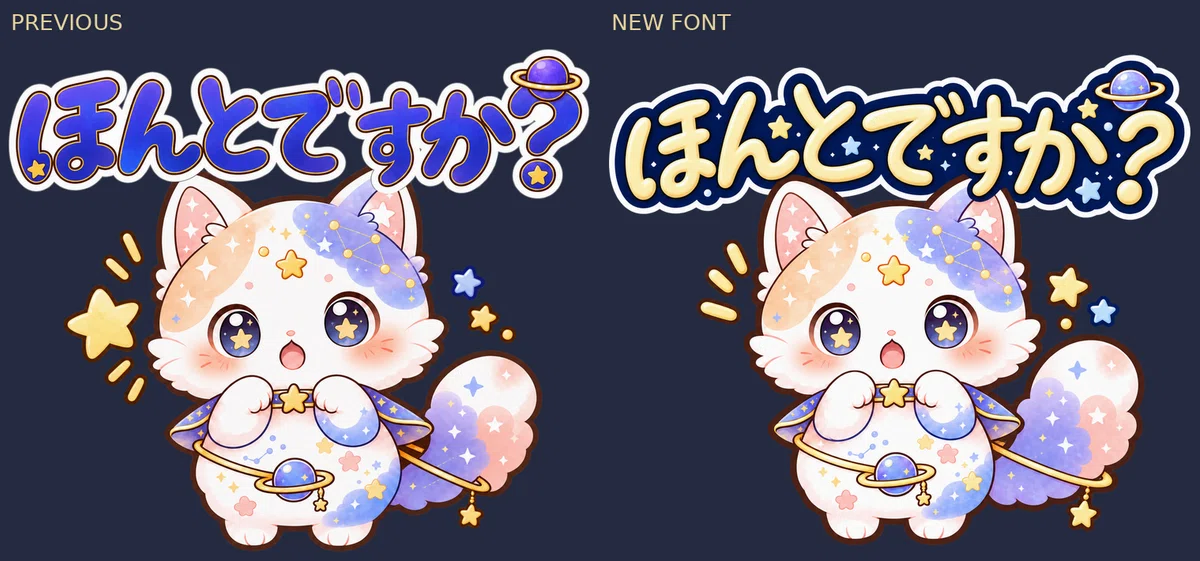 「ほんとですか?」の文字を紫色からゴールドに変えた試作の比較