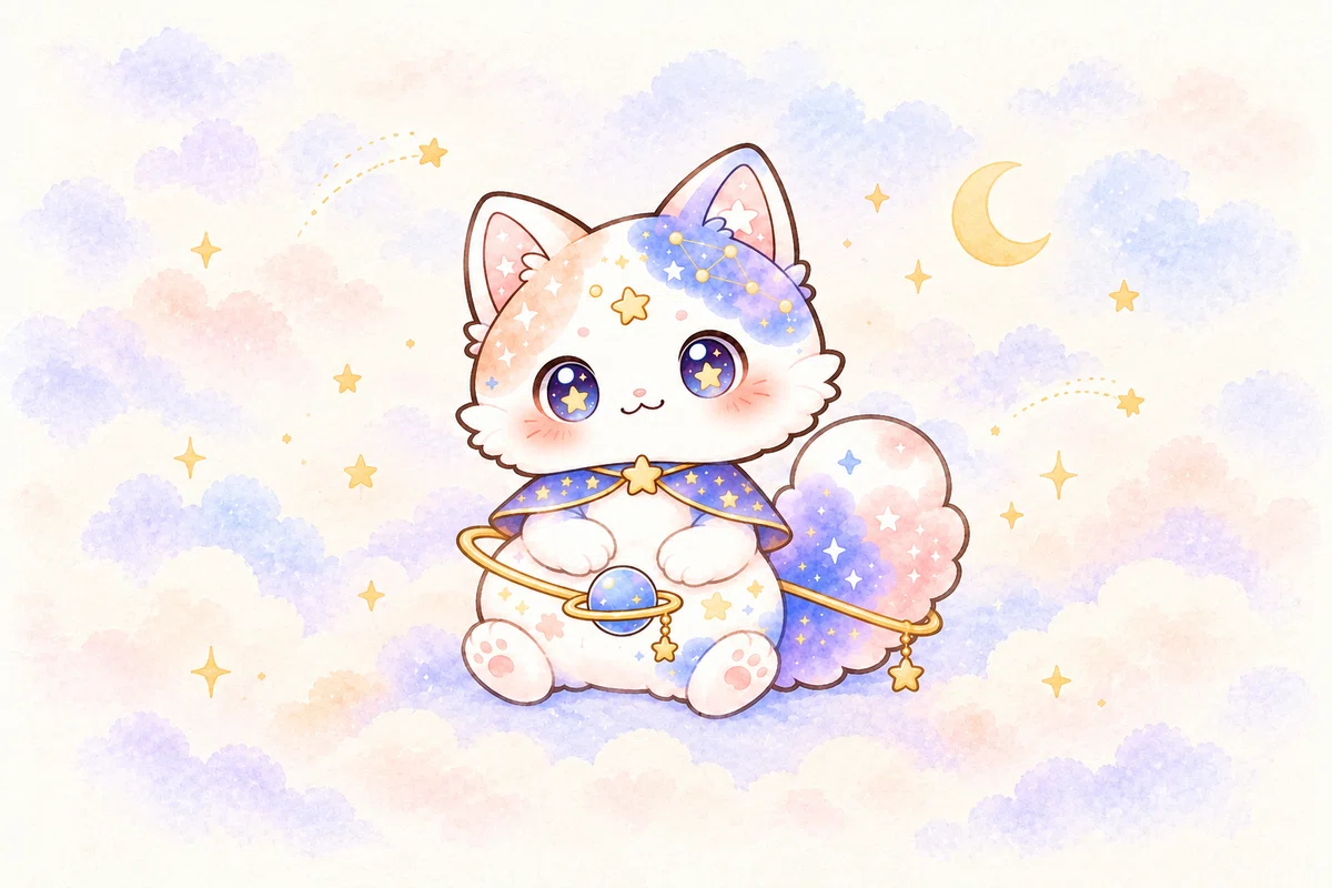 星の瞳と淡い星空模様を持つ猫のキャラクターるみにゃ
