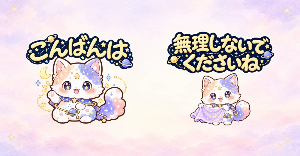 天体装飾の文字を合わせたるみにゃの「こんばんは」と「無理しないでくださいね」