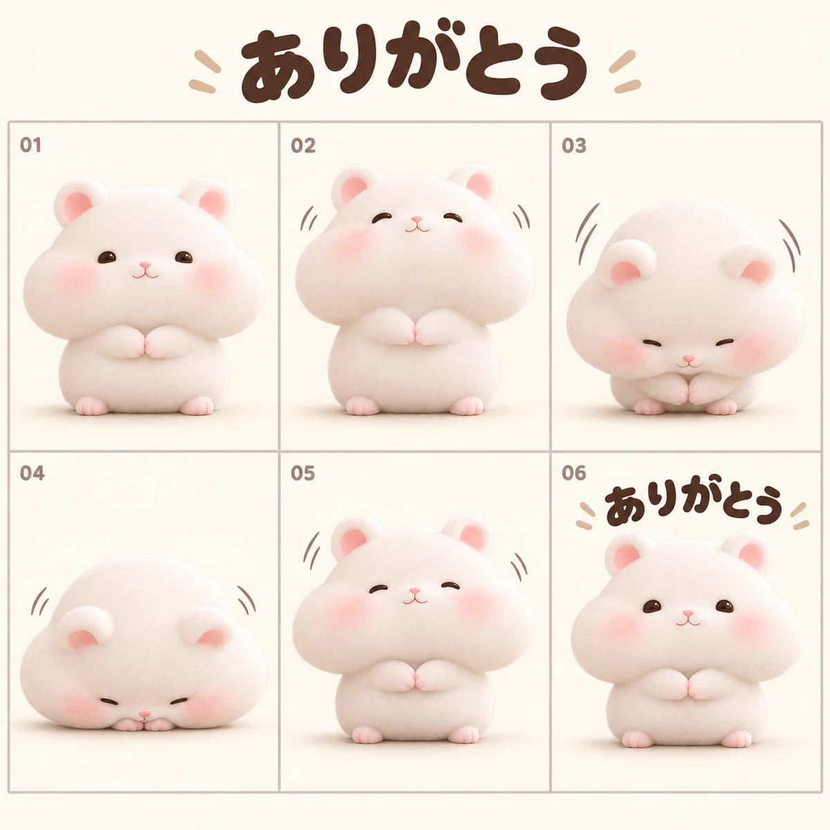 白ハムスターがお辞儀する「ありがとう」の6コマの絵コンテ