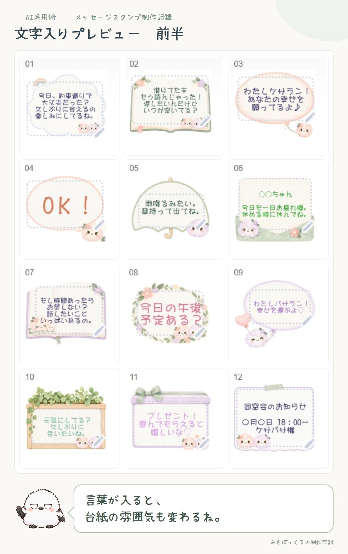 日常の連絡やお誘いの言葉を入れたメッセージスタンプ前半12枚のプレビュー