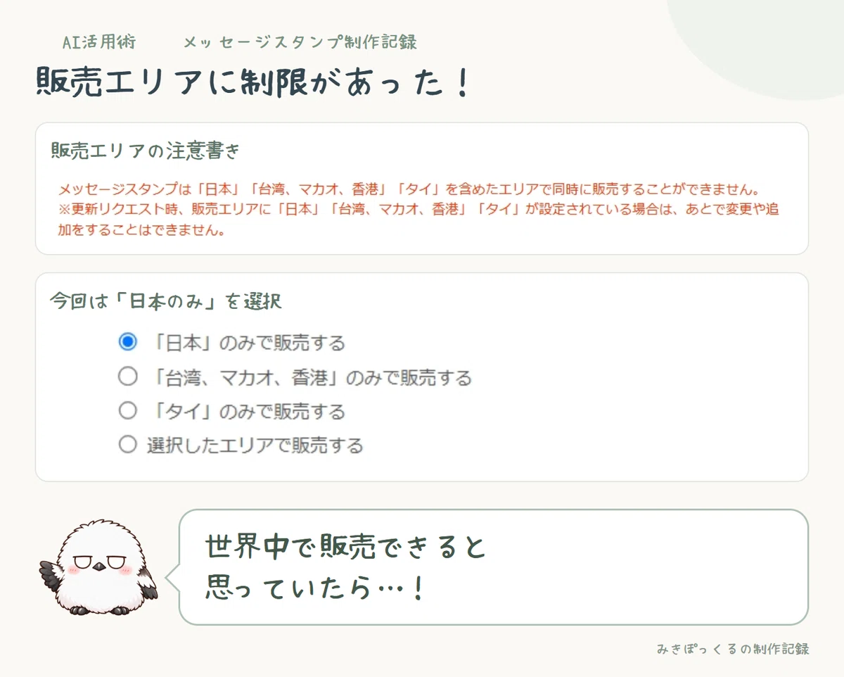 制作当時の販売エリア設定。「日本」のみで販売するを選択