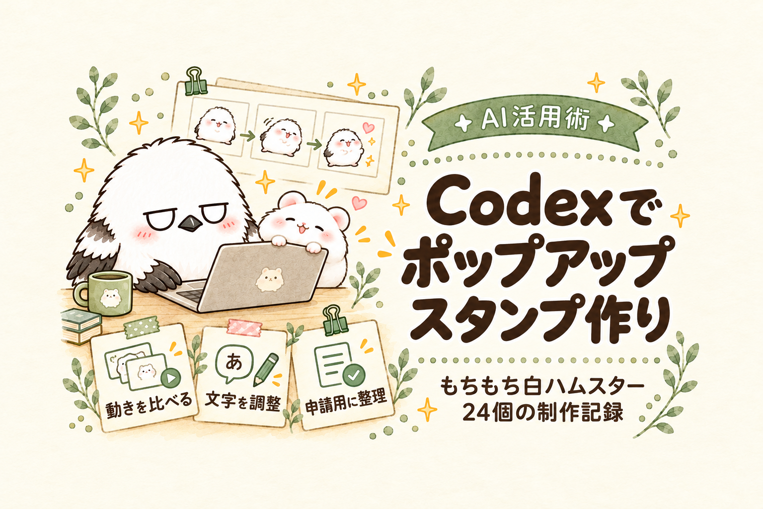 きょむエナガと白ハムスターのポップアップスタンプ制作。動きと文字を調整して24個を作った記録