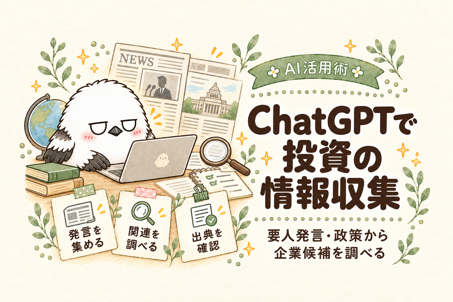 きょむエナガとChatGPTで投資の情報収集。要人発言や政策から企業候補を調べ出典を確認する